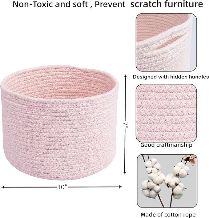 XUANGUO Woven Cotton Rope Storage Baskets - 3-Pack Round Bins (10x10x7'') for Shelves, Closets & Bookcases | Durable Rope Organizers for Nursery, Baby, Toys, Easter & More (pink)