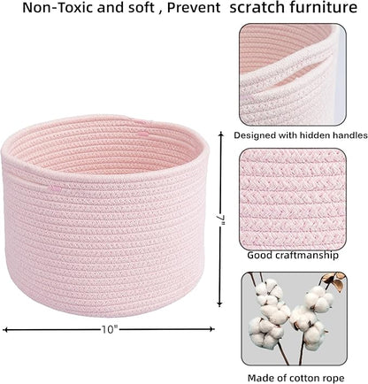 XUANGUO Woven Cotton Rope Storage Baskets - 3-Pack Round Bins (10x10x7'') for Shelves, Closets & Bookcases | Durable Rope Organizers for Nursery, Baby, Toys, Easter & More (pink)