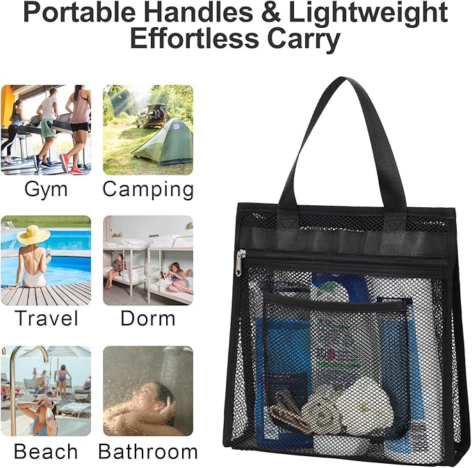 F-color Mesh Shower Caddy Portable Hanging - 3 Pockets Small Shower Bag Tote with Zipper Closure for Camping, Gym Lockers, Travel, Toiletry, Quick Dry Bathroom Essentials with S Hook, Black