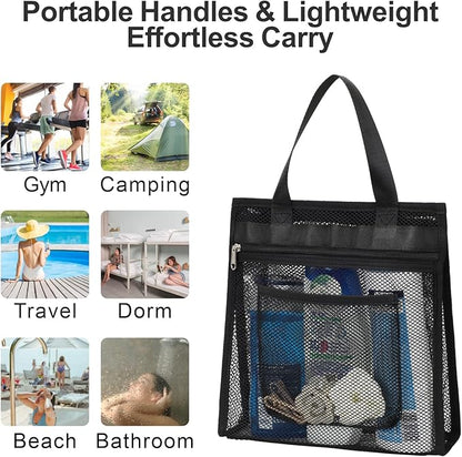 F-color Mesh Shower Caddy Portable Hanging - 3 Pockets Small Shower Bag Tote with Zipper Closure for Camping, Gym Lockers, Travel, Toiletry, Quick Dry Bathroom Essentials with S Hook, Black