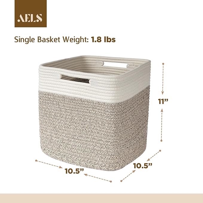 AELS Hand Woven Cotton Baskets for Storage, Cube Storage Bins with Handles, Foldable Collapsible Closet Organizers and Storage, Boho Farmhouse Storage Cubes for Shelves, Beige & Mixed Brown
