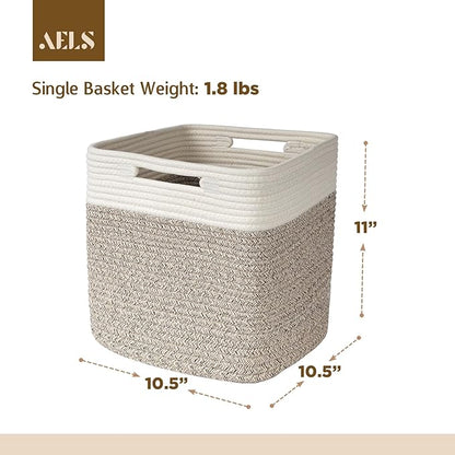AELS Hand Woven Cotton Baskets for Storage, Cube Storage Bins with Handles, Foldable Collapsible Closet Organizers and Storage, Boho Farmhouse Storage Cubes for Shelves, Beige & Mixed Brown