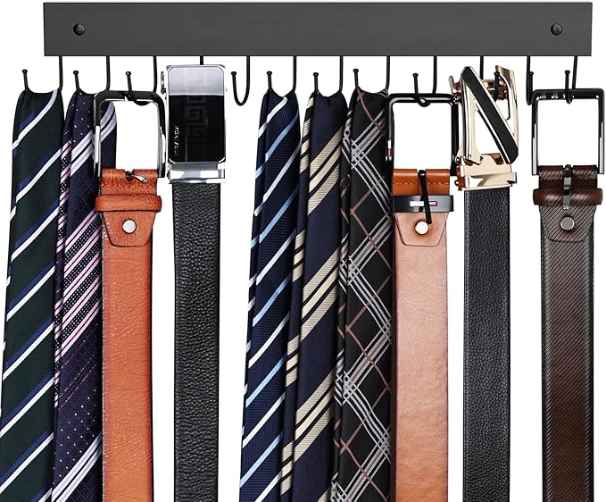Belt Hanger Wall Mounted, Wooden Belt Organizer Max 12 Storage Capacity, 180° Rotating Space Saving Hangers for Ties, Tank Tops, Scarves, Bras, Keys, Bags 1 Pcs Black