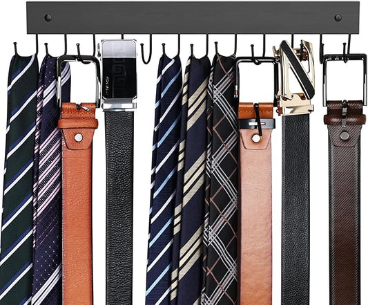 Belt Hanger Wall Mounted, Wooden Belt Organizer Max 12 Storage Capacity, 180° Rotating Space Saving Hangers for Ties, Tank Tops, Scarves, Bras, Keys, Bags 1 Pcs Black