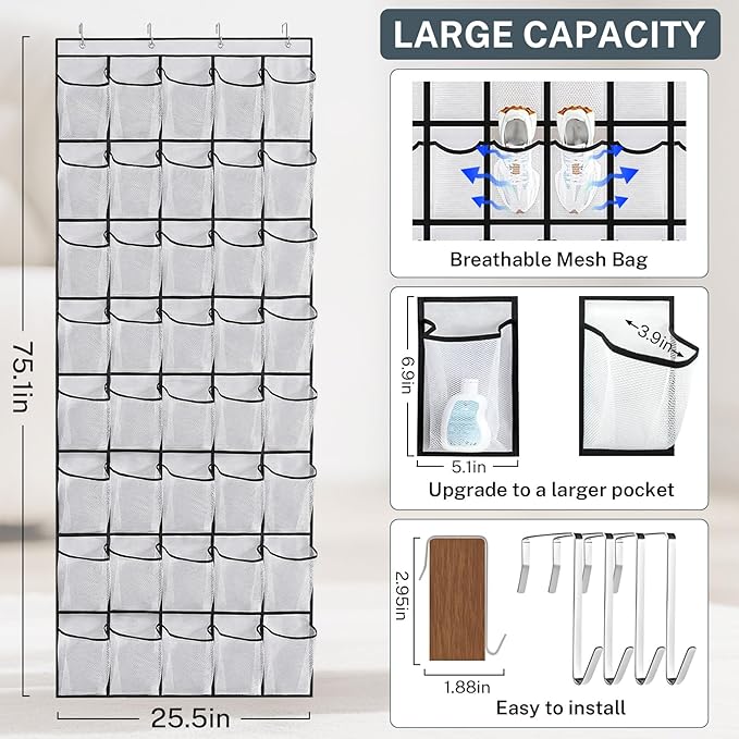2PCS 40-Pocket Over the Door Shoe Organizer, Hanging Shoe Rack for Closet Door,Shoes Storage Holder Hanger with Large Mesh Pocket for Women Men Shoes,Flip Flops (White-B2)