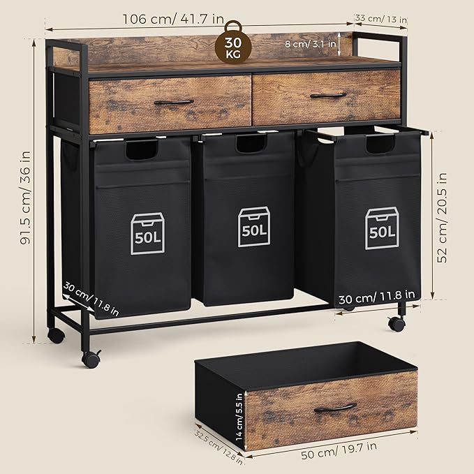 Mondeer Laundry Sorter with 2 Drawers, 150L with Pull-Out Removable Laundry Bags, Laundry Hamper Baskets with 3 Section and Wheels, Rustic Brown and Black