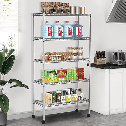 5-Tier Wire Shelves 61" H x 30" x 14" Metal Storage Shelves Adjustable Wire Shelving Rack with Wheels & Leveling Feet NSF Metal Shelf Unit for Kitchen Pantry, 1200Lb Capacity, Chrome