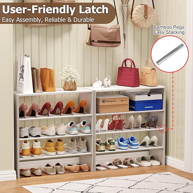 X-cosrack 5 Tier Shoe Rack, Stackable Shoe Organizer for Closet, Large Vertical Shoe Shelf with MDF Wood Side Panels & Metal Top, Waterproof Oxford Fabric Shoe Storage for Entryway, Zapateras