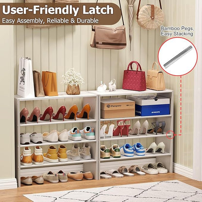 X-cosrack 5 Tier Shoe Rack, Stackable Shoe Organizer for Closet, Large Vertical Shoe Shelf with MDF Wood Side Panels & Metal Top, Waterproof Oxford Fabric Shoe Storage for Entryway, Zapateras