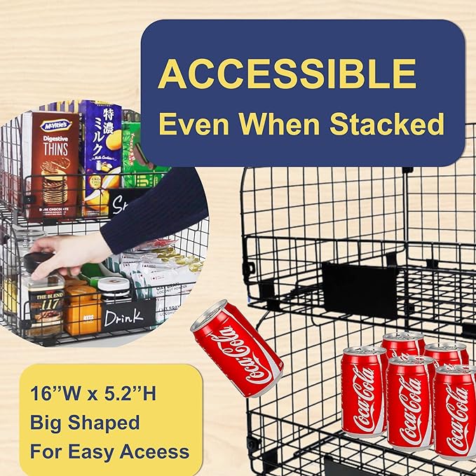 4 PACK XXL Stackable Wire Baskets for Storage Pantry,Fruit Basket For Kitchen Cabinet,16.3''x12''x8.2''Vegetable Fruit Snack Chips Onion Potato Cans Organization, pantry organizers and storage