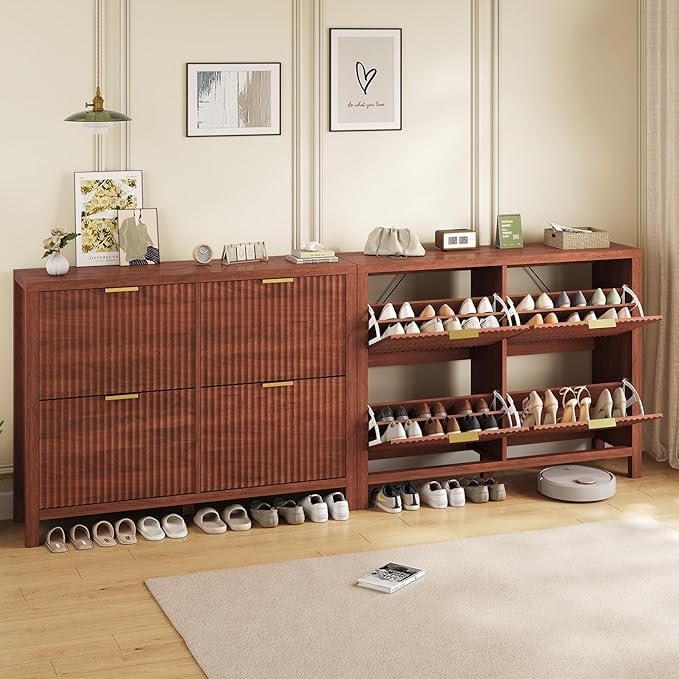 YOMILUVE Shoe Cabinet Storage for Entryway, Fluted Walnut Shoe Cabinet with 4 Flip Drawers, Hidden Shoe Rack Freestanding Wooden Shoe Organizer with Legs for Hallway