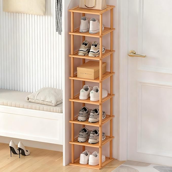 Aniston 8 Tier Bamboo Shoe Rack, Free Standing Slim Narrow Shoe Storage, Vertical Tall Shoe Shelf Organiser for Garage, Closet, Doorway, Corner, Living Room Small Spaces
