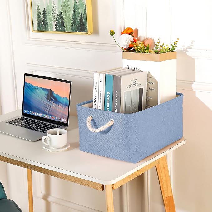 Storage Bins with Sturdy Cotton Handles(1 Pack), Fabric Storage Baskets for Organizing use for Office & Home, Book, Clothes, Toys, Closet Boxes (Small, Blue, 12.2x8.3x6.3 inches)