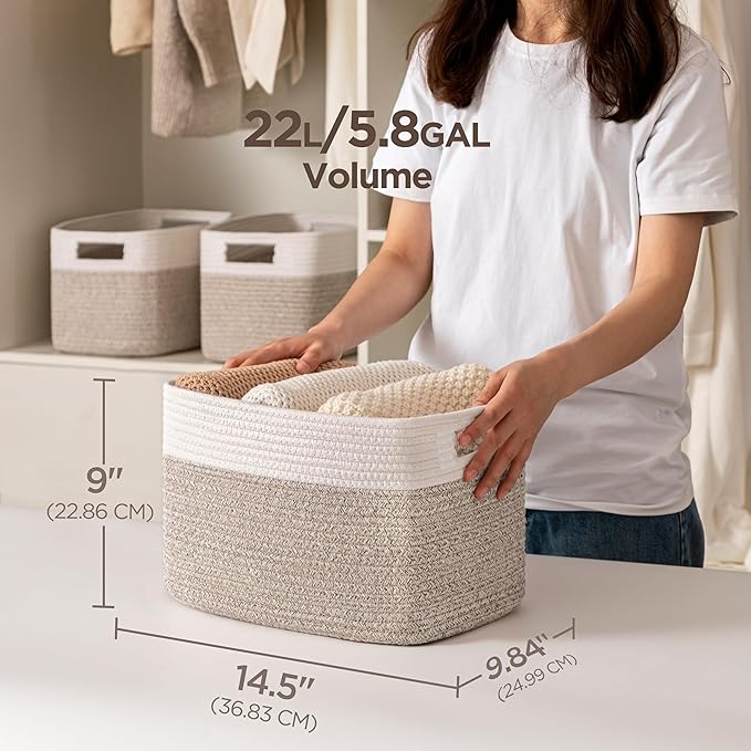 UBBCARE 4 Pack Storage Baskets for Organizing, Shelf Baskets with Handles, Woven Storage Baskets for Bookcase/Cube Shelf/Closet, 14.5"L x 9.8"W x 9"H, White&Light Brown