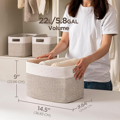 UBBCARE 4 Pack Storage Baskets for Organizing, Shelf Baskets with Handles, Woven Storage Baskets for Bookcase/Cube Shelf/Closet, 14.5"L x 9.8"W x 9"H, White&Light Brown