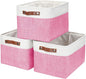 Bagnizer Storage Bins Large Fabric Storage Baskets for Shelves 3 Pack, Decorative Linen Closet Baskets with Handles for Organizing, Shelf, Clothes, Home, Office, 15x11x9.5Inches (Pink&White)