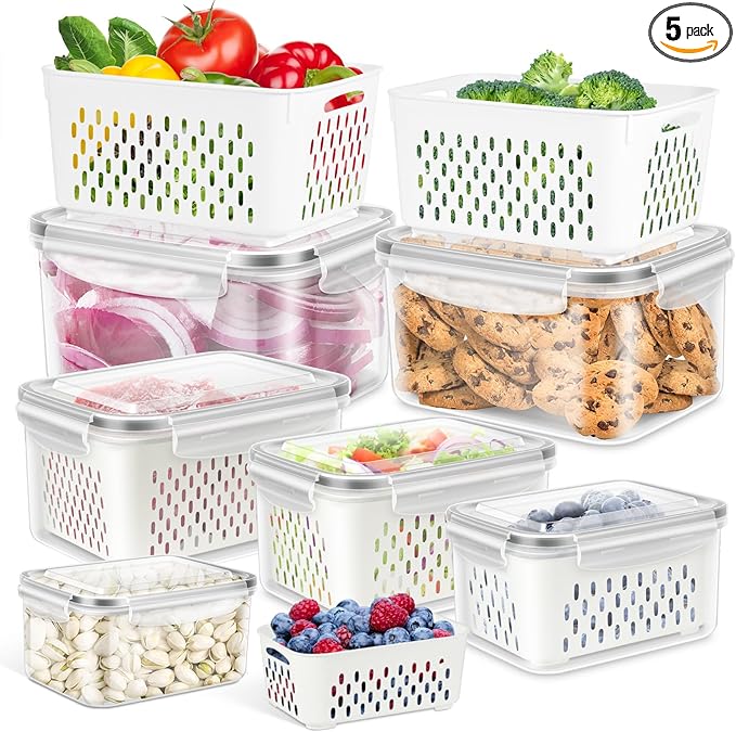 TBMAXS 6 Pack Fruit Storage Containers for Fridge, Produce Saver Vegetable Container with Drain Colanders - Refrigerator Organizer for Lettuce Keepers Berry Container