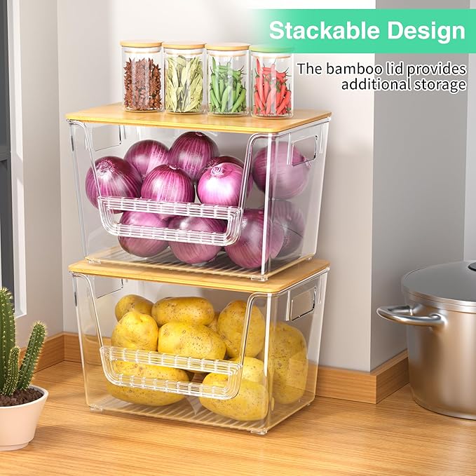 2 Set Pantry Organizers,Stackable Potato and Onion Storage Bins with Bamboo Lids,Trash Bag Dispenser for 4-13 Gal Bags,kitchen Countertop Organizer for Produce or Snacks