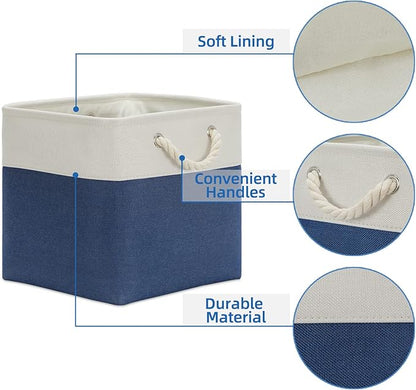 Temary Fabric Storage Cubes for Organizing 4Pack Blue Fabric Storage Basket 12 Inch Cube Storage Bins with Handles for Organizing Toys, Shelf Baskets for Home Office Closet (White&Blue)