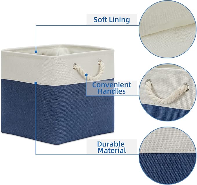 Temary Storage Baskets for Shelves 13x13 Baskets for Gifts Empty, 4 Pack Shelf Baskets Large Storage Baskets Cube Storage Bins Fabric Storage Cubes with Handles for Shelves (White&Blue)