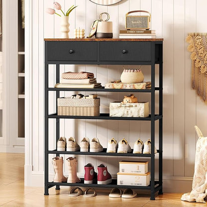 usikey Shoe Rack, 5 Tier Shoe Storage Organizer with 2 Drawers, Metal Shoe Shelf for 12-16 Pairs of Shoes, with 4 Oxford Fabric Shelves and Wooden Top, Shoe Stand for Closet Entryway, Black UNYXJX013H