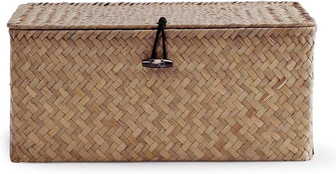Nonam Small Basket with Lid, Natural Seagrass Bin with Lid, Shelf Baskets Multipurpose Container for Boho Decoration, Rectangular Household Storage Boxes for Home Organization-Coffee