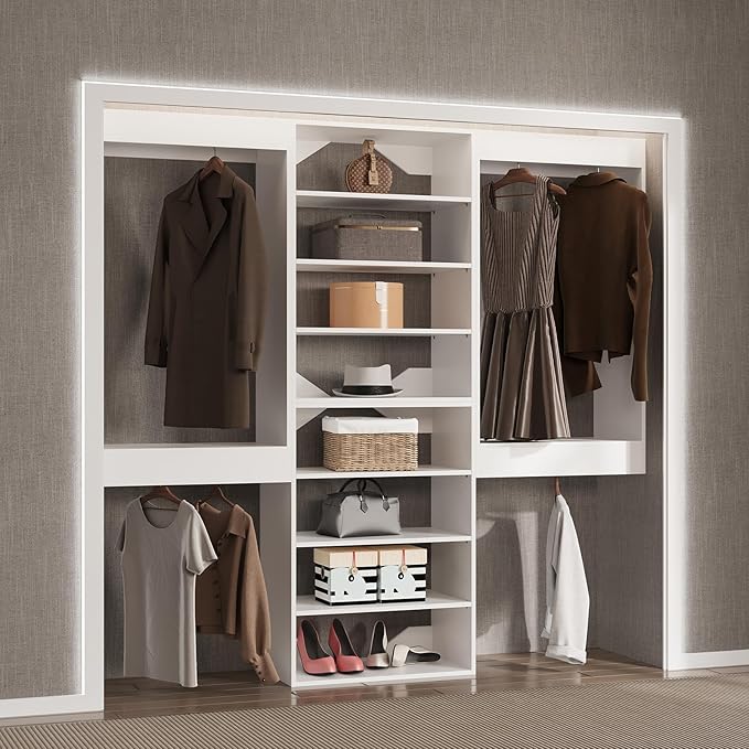 Modular Closet Organizer - 90" Wide, Wooden Tower Wardrobe System, Wall Mounted for Walk-in Closets, White