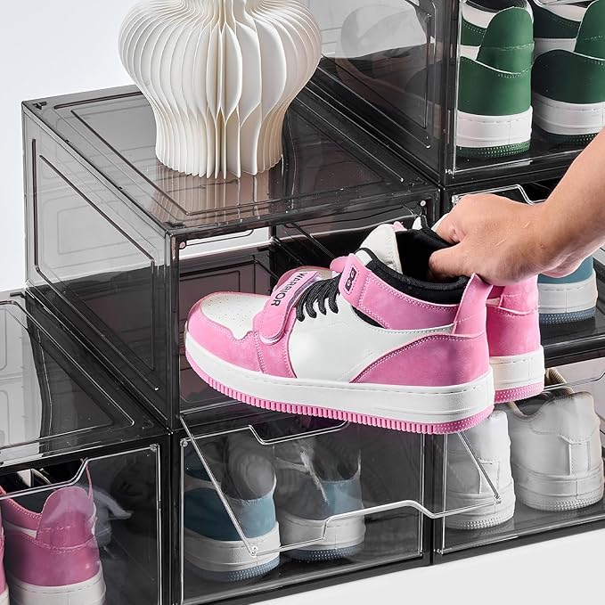 VEVOR Shoe Storage Boxes, 6 Pack Clear Stackable Shoe Boxes Storage Organizers with Magnetic Door, Fit up to US Size 13, Plastic Sneaker Containers for High Heels, Boots, and Hats, Transparent Black
