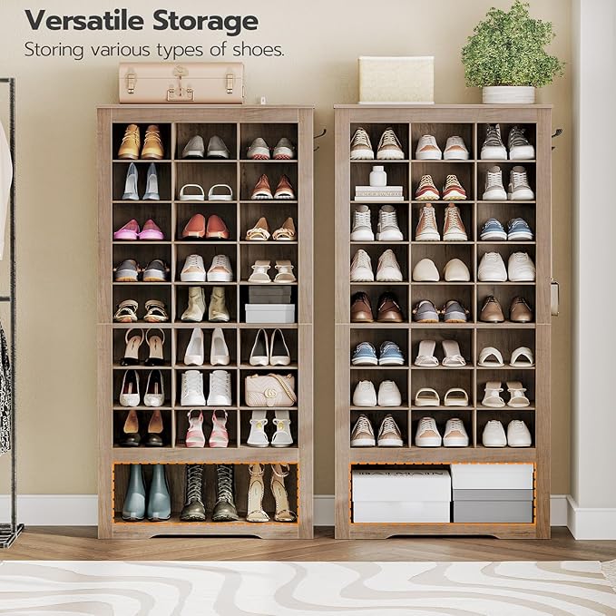 HOOBRO Tall Shoe Cabinet, 9 Tier Shoe Storage Cabinet, Freestanding Wooden Shoe Cabinet Organizer with 24 Cubbies and 3 Hooks, for Entryway, Closet, Living Room, Greige BG24SC01