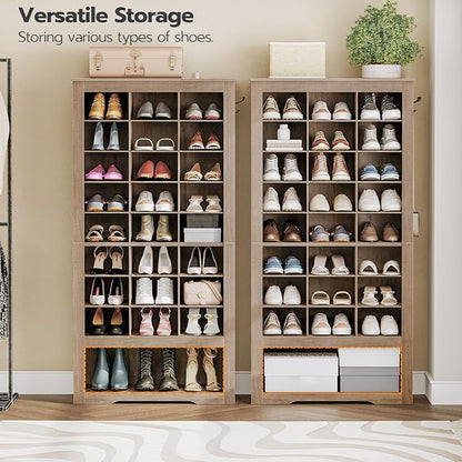 HOOBRO Tall Shoe Cabinet, 9 Tier Shoe Storage Cabinet, Freestanding Wooden Shoe Cabinet Organizer with 24 Cubbies and 3 Hooks, for Entryway, Closet, Living Room, Greige BG24SC01