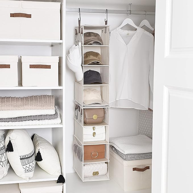 StorageWorks Hat Rack 8-Shelf Hanging Hat Organizer, Two Separate 4-Shelf Hat Storage, Baseball Cap Organizer for Closet, Canvas, Beige, 12 ¼"D x 9 ½"W x 54 ½"H