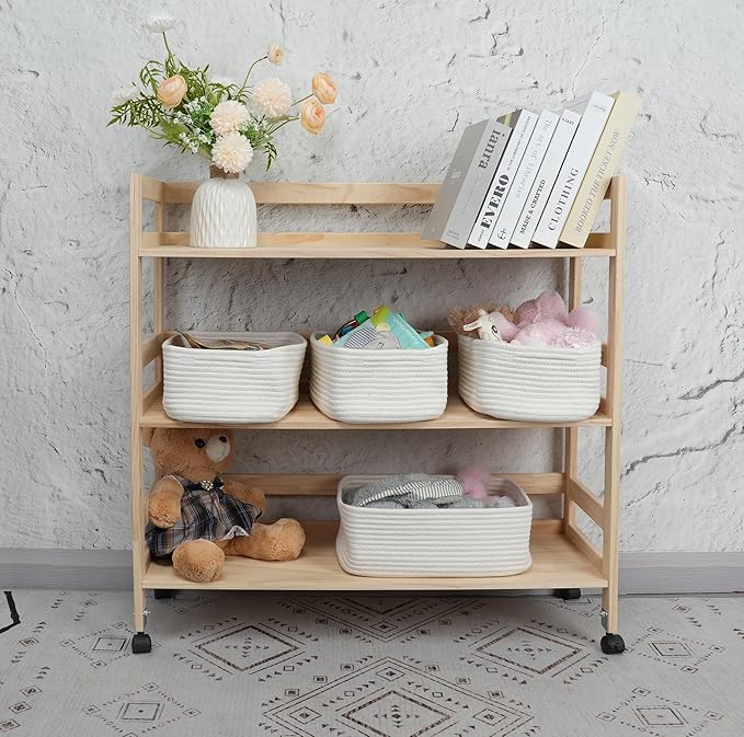XUANGUO Small Woven Storage Baskets 12“X8”X5“ Decorative Rope Bins for Organizing Shelves, Closets, and Toys, Empty Gift Baskets, Cute Organizer Basket for Home and Office (white, regular)
