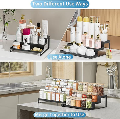 BOIVSHI Spice Rack Organizer for Cabinet, Expandable 3 - Tiered Spice Rack, Metal Spice Organizer, Spice Shelf Organizer for Cabinet, Countertop, Pantry, Cupboard, Black