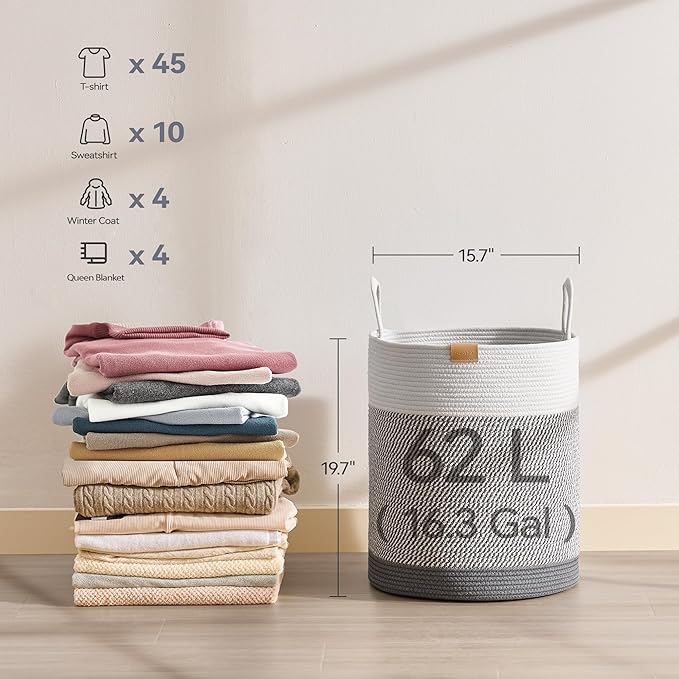 Nunsino Laundry Hamper 62L,Large Laundry Basket for Clothes,Decorative Storage Basket for Blankets,Cotton Rope Woven basket for bedroom,Grey White