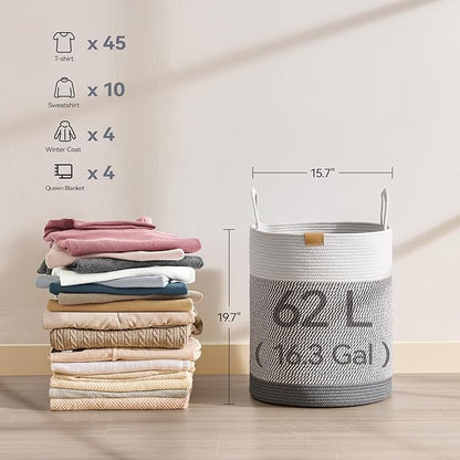 Nunsino Laundry Hamper 62L,Large Laundry Basket for Clothes,Decorative Storage Basket for Blankets,Cotton Rope Woven basket for bedroom,Grey White