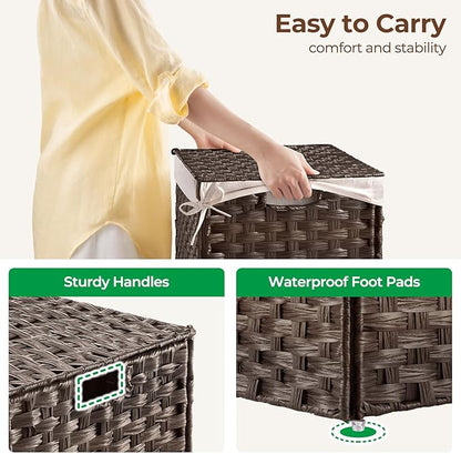 GREENSTELL Storage Basket with Lid, 17.2 Gallon(65L) Small Wicker Blanket Storage Basket with Handles, Foldable, 2 Removable Liner Bags, Metal Frame, for Bedroom, Laundry Room, Brown,22.2"*13.4"*13.4"