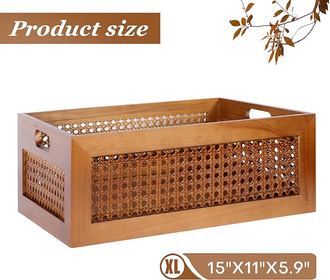 Wooden Storage Basket Handmade Rattan Drawer Storage Box with Frame & Handles Decorative Natural Bamboo Woven Bins Rustic Farmhouse Decor Home Office Tabletop Shelf Organizer 15" x 11" x 5.9"