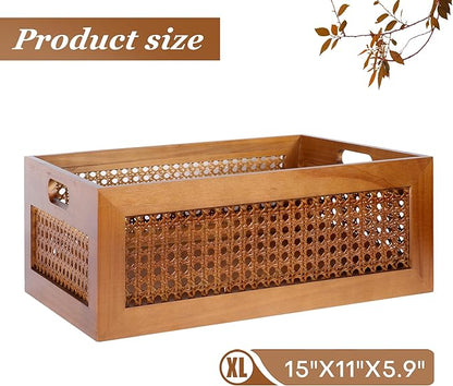 Wooden Storage Basket Handmade Rattan Drawer Storage Box with Frame & Handles Decorative Natural Bamboo Woven Bins Rustic Farmhouse Decor Home Office Tabletop Shelf Organizer 15" x 11" x 5.9"