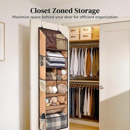 6-in-1 Over Door Hanging Organizer, Versatile Storage Over Door Organizer with 12 Mesh Pockets, 44 lbs Weight Capacity Hanging Storage Organizer for Bedroom, Bathroom,Behind Door,Brown
