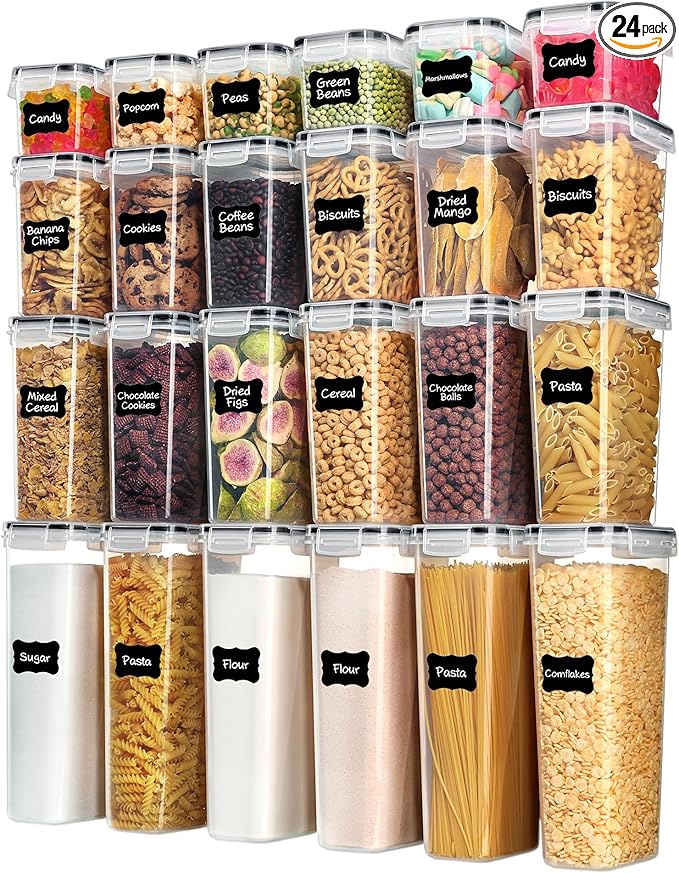 Airtight Food Storage Containers with Lids, Vtopmart 24 pcs Plastic Kitchen and Pantry Organization Canisters for Cereal, Dry Food, Flour and Sugar, BPA Free, Includes 24 Labels，Black