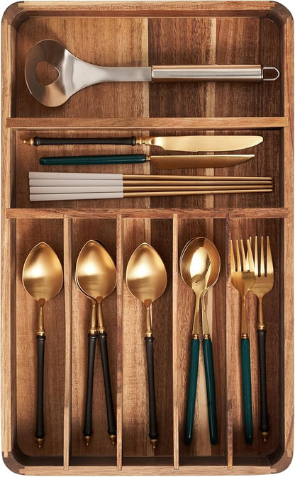 Silverware Drawer Organizer, Acacia Wood Tray for Cutlery & Flatware | Fixed 10.5" Wide, 7-Compartment Utensil Holder for Forks & Spoons