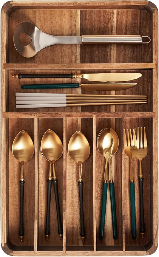 Silverware Drawer Organizer, Acacia Wood Tray for Cutlery & Flatware | Fixed 10.5" Wide, 7-Compartment Utensil Holder for Forks & Spoons
