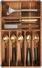 Silverware Drawer Organizer, Acacia Wood Tray for Cutlery & Flatware | Fixed 10.5" Wide, 7-Compartment Utensil Holder for Forks & Spoons