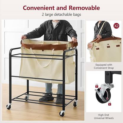 Tajsoon 350L Extra Large Laundry Hamper 6 Section, Heavy Duty Laundry Cart with Wheels, Commercial Laundry Sorter with Sturdy Metal Frame, Removable Bags & Leather Patchwork, Beige