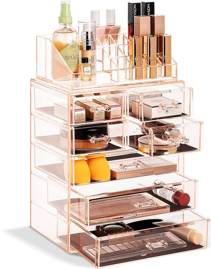 Sorbus Acrylic Makeup Organizer Set, 7-Drawer Vanity & Countertop Cosmetic Storage with Small & Wide Compartments, Pink Makeup Storage for Brushes, Jewelry – Holiday Gift for Women & Teens