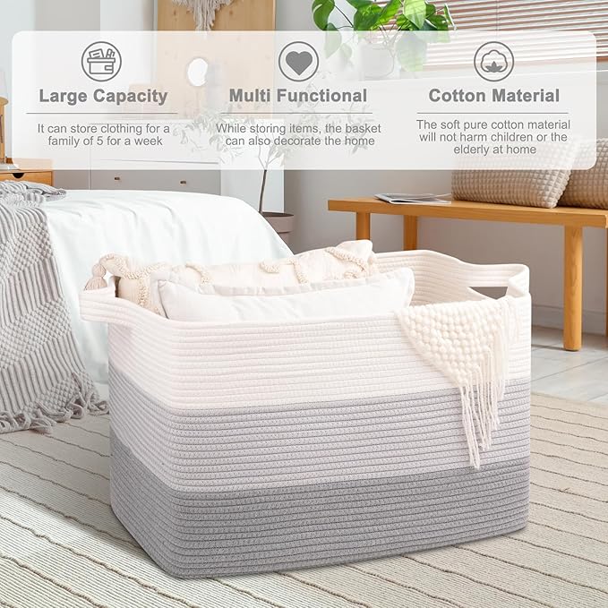 OIAHOMY Extra Large Blanket Basket, 110L Cotton Rope Woven Laundry Basket, Toy Bin for Baby Room, Container for Blanket Storage in Living Room, 24.8''×17.3''×15.8'', Gradient Grey