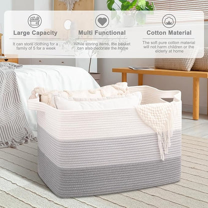 OIAHOMY Extra Large Blanket Basket, 110L Cotton Rope Woven Laundry Basket, Toy Bin for Baby Room, Container for Blanket Storage in Living Room, 24.8''×17.3''×15.8'', Gradient Grey