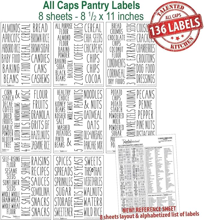 Talented Kitchen Kitchen Adhesive Labels - Waterproof Labels for Storage Bins - Pantry & Jar Stickers for Spices - Pack of 136, 2 x 3 in, Black Text on Clear Vinyl