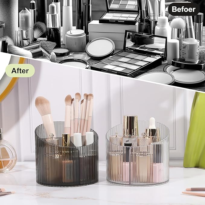 DASITON 3 Slots Makeup Brush Holder, Acrylic Makeup Brush Cup, Vintage Striped Make Up Brush Holder for Vanity Decor, Bathroom Countertops, Desk Storage Container, Cosmetic Display Cases (Clear)