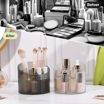DASITON 3 Slots Makeup Brush Holder, Acrylic Makeup Brush Cup, Vintage Striped Make Up Brush Holder for Vanity Decor, Bathroom Countertops, Desk Storage Container, Cosmetic Display Cases (Clear)